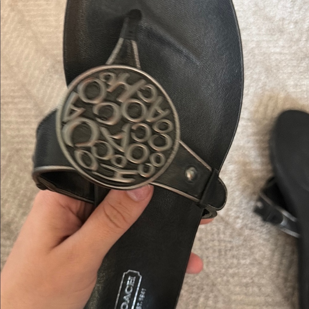 COACH Black Leather Toe-Ring Sandals with Logo Medallion - Picture 7 of 9